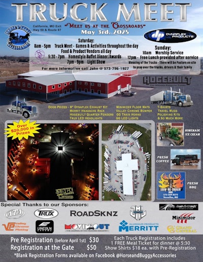 Truck Meet at the Crossroads one week hence | Join Horse & Buggy Accessories, Dynaflex and other event organizers, sponsors and scads of your fellow truck owners in California, Missouri, next weekend for this event. Registration at the gate is $50, and further details for contacts are in the flyer shown here. If you'll be out at the show yourself, be on the lookout for Overdrive editor Todd Dills and come by and say hi.