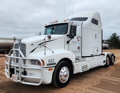 Pictured here a couple months prior to MATS, owner-operator Kitzhaber's Kenworth T600 shows some battle scars in its paint work, yet hauls strong thanks to extra-diligent attention to maintenance through the years.