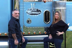 Rufus and Patricia Morris together operate Midnight Rider Transport LLC, with Rufus behind the wheel and Patricia handling the books. They're leased to Material Logistics Management hauling steel beams in this 2004 Peterbilt 379.