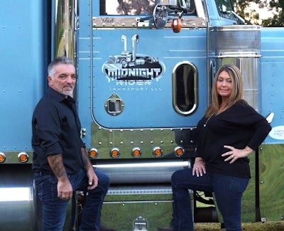 Rufus and Patricia Morris together operate Midnight Rider Transport LLC, with Rufus behind the wheel and Patricia handling the books. They're leased to Material Logistics Management hauling steel beams in this 2004 Peterbilt 379.