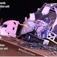 This ​crash-scene photograph shows the motorcoach and three tractor-trailers involved.