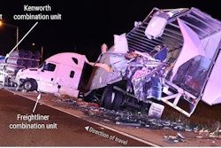 This ​crash-scene photograph shows the motorcoach and three tractor-trailers involved.