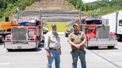 Keith (left) and Zach Bauer haul milk and related products as part of their Pennsylvania-based Z&K Bauer Transport. Keith runs in the 1996 Kenworth W900L shown here, while Zach pulls with the 2008 Peterbilt 389 glider.