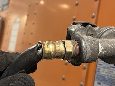 Shared by the California Highway Patrol's Donner Pass inspection unit at its Facebook page, this image of a frayed hose connection -- 'That line going to hold air? Nope!' -- also came with this tried-and-true advice: 'Don't be afraid to get your hands dirty when doing your pre-trip inspection, as sometimes it takes a more in-depth examination to catch those defective parts. Be safe out there!'