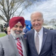 North American Punjabi Trucking Association CEO Raman Dhillon meets with President Joe Biden during the rollout of the Biden-Harris Trucking Action Plan.
