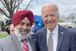 North American Punjabi Trucking Association CEO Raman Dhillon meets with President Joe Biden during the rollout of the Biden-Harris Trucking Action Plan.