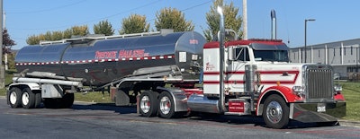 Owner-operator Fred Stair, owner of Tristate Haulers LLC, keeps his operation old-school with this 1988 Peterbilt 379. Stair primarily pulls the 2003 Tremcar tanker pictured here. He keeps his options open, however, with a flatbed and a tri-temp reefer that he also owns.