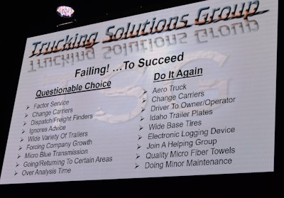 'Questionable choices' discussed ranged from use of a factoring service for load payments, a change in carriers for leased owners, and working with a dispatch service to holding onto a wide variety of trailers too long and getting tied up with time in 'overanalysis.' The decision to change carriers was also on the 'do it again' side of the ledger, along with purchase of an aerodynamic truck, the switch from company driver to owner-operator, and a variety of tried-and-true, and some novel, practices to recommend based on these owners' experiences.