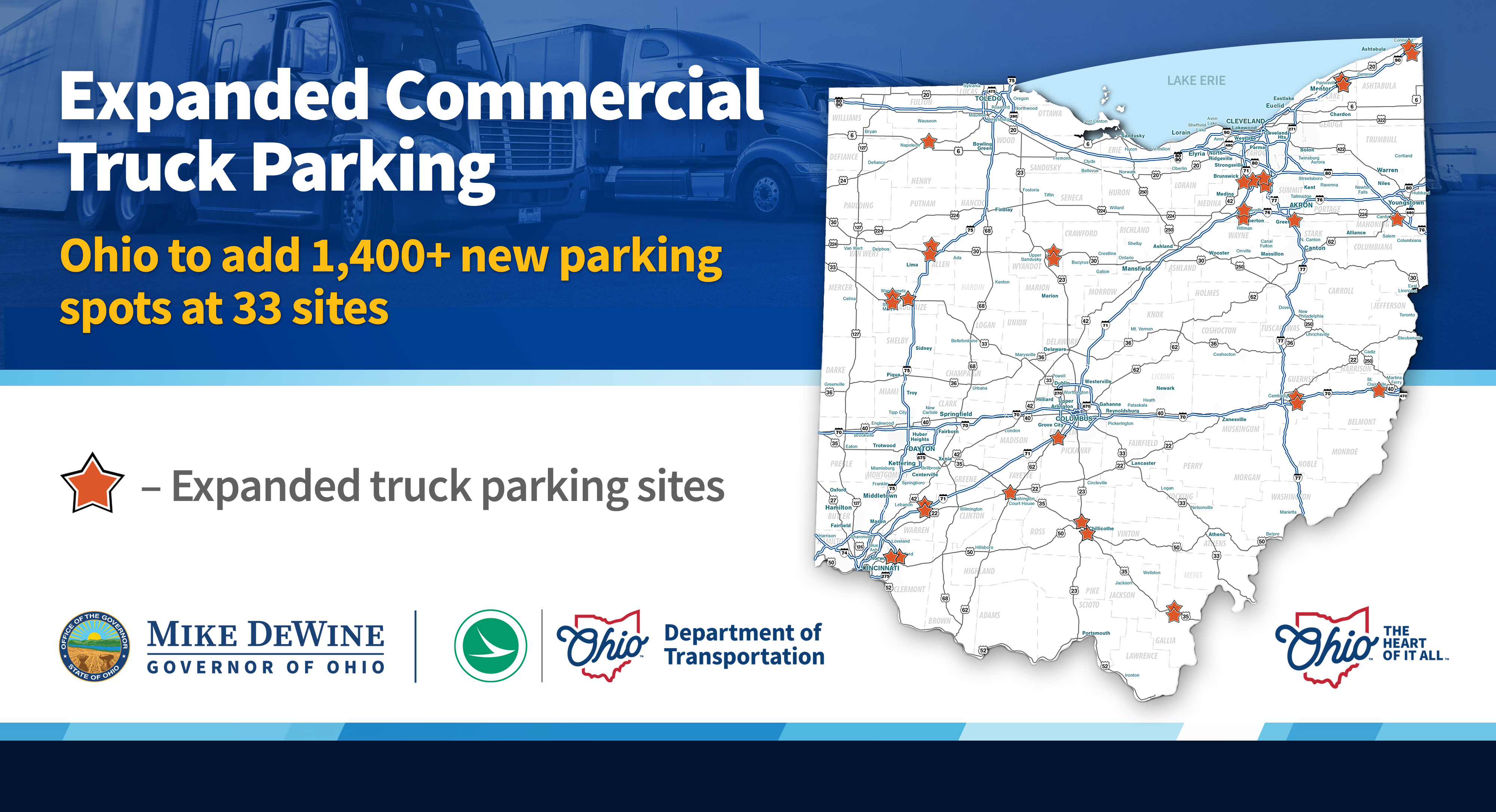 Parking sites to be created or expanded include existing rest areas and weigh stations, as well as areas around specific interchanges. They're spread across the state in Allen, Ashland, Ashtabula, Auglaize, Belmont, Clermont, Fayette, Franklin, Gallia, Guernsey, Henry, Lake, Mahoning, Medina, Ross, Summit, Warren and Wyandot counties. Once complete, ODOT said, the American Transportation Research Institute projected Ohio would lead the nation in the total number of long-term truck parking spaces available on state-owned property. Find a detailed list of the planned expansions via this link.