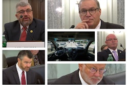 Testifying at Tuesday's hearing, from top left: OOIDA Executive VP Lewie Pugh, ATA chief Chris Spear, Teamsters leader Sean O'Brien. At bottom, Senate subcommitee chair Todd Young (left) and ranking member Gary Peters.