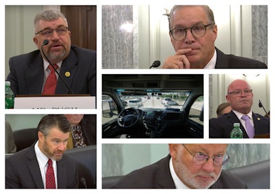 Testifying at Tuesday's hearing, from top left: OOIDA Executive VP Lewie Pugh, ATA chief Chris Spear, Teamsters leader Sean O'Brien. At bottom, Senate subcommitee chair Todd Young (left) and ranking member Gary Peters.