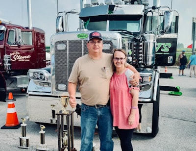 Bringing home the iron in Walcott: The Parsleys (pictured here) and their 2024 'Heavy Hook' Peterbilt 389 won trophies for Working Truck Specialty, Polish and Appearance, as well as and Custom Vinyl, at this year’s Walcott Truckers Jamboree.