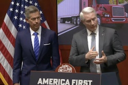 DOT Secretary Sean Duffy (left) and FMCSA Chief Counsel Jesse Elison address the media about ELP enforcement.