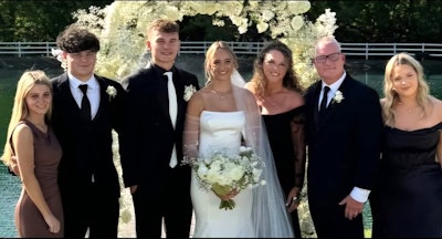 The Shellys oldest son, Bryce, is pictured at center with his now wife, Abby, at their wedding this past September. The pair are flanked at right by Renita and Jason and their daughter, Brooklyn. At left is their son, Brandt, and his fiancee, Avy.