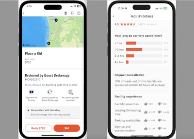 Screenshots from the Convoy Platform show the carrier user experience. Driegert said 'Convoy since day one has been super carrier-centric, trying to ensure the best possible experience.' Note the shipper/receiver facility rating tool.