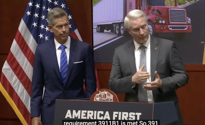 DOT Secretary Sean Duffy and FMCSA Chief Counsel Jesse Elison address the media about ELP enforcement.