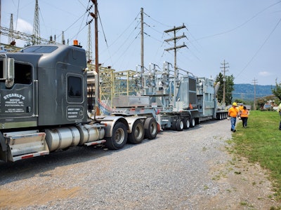 Stearly's 2008 Kenworth W900 is shown here hooked to what he described as a mobile power substation used by a power company. The load weighed in around 175,000 pounds and just barely made the cut on height for hauling on the Pennsylvania Turnpike.