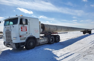Small fleet owner Stearly owns three trucks as part of his Stearly Motor Freight heavy/oversize-haul business. He typically drives either this 1993 Freightliner cabover or a 2008 Kenworth himself, and he has a driver in a 1997 Freightliner that he also owns. Operating mostly on the East Coast, he said the cabover is a big help on overlength loads when going into the tighter cities.