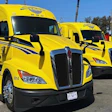 Two bright yellow Kenworth semi-trucks parked in a truck yard
