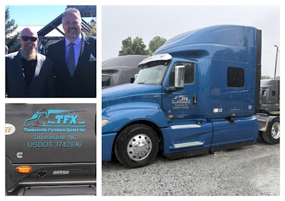 Scott Denmark (above, right) and Scott Cruthis, owners of Thomasville Furniture Xpress, specialize in the finished product in the fleet's name. The near-30-truck TFX gets it close to its final destination, whether a furniture store or warehouse, almost all of the work LTL. The pair of owners have known each going back decades when both drove trucks as owner-operators. Denmark's been off the road for 25 years now, and was operations manager for close to 18 years at Shelba Johnson Trucking (since bought by another company) before founding TFX not long after the start of the COVID-19 pandemic. Both Denmark and Cruthis came to the business with name recognition among furniture shippers and stores, and after early gains with equipment purchased from another business, word of mouth built the customer base somewhat organically. Word traveled fast when TFX's speed of service became clear during the COVID capacity crunch. Growth's come quick, yet hasn't felt overwhelming to either owner as they've really taken to the partnership. Barely four years into its history, with Denmark's operational expertise and Cruthis' oversight in the shop, they're getting close to 30 units running, with 17 full-time employee drivers and eight other operators either leased or (in the case of two) with authority but dedicated to TFX's customers.