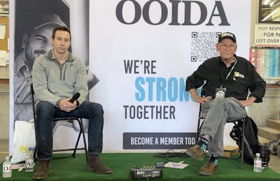 FMCSA Senior Policy Advisor Michael Hampton (left) shared a stage with OOIDA President Todd Spencer at the 2025 Guilty by Association Truck Show last week for a Q&A session with attending truckers.