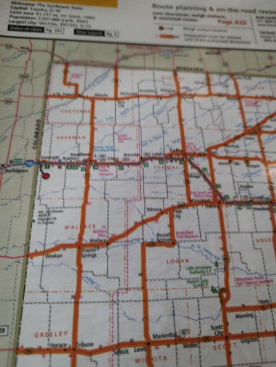 Let's use western Kansas as an example. Mile markers, the little green blocks, go from west to east and south to north. So, if I started my run at the state line going east, it's easy to tell, based on the map, how far I think I can drive that day. Note: There is one big difference between interstates and U.S. routes -- interstates run small to big numbers from west to east and south to north, and U.S. routes are the opposite. If you know this, you can easily trip plan your miles for any given day.