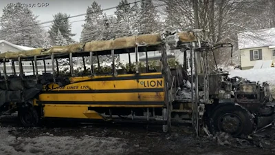 The burned remains of a Lion Electric LionC EV school bus in Canada.