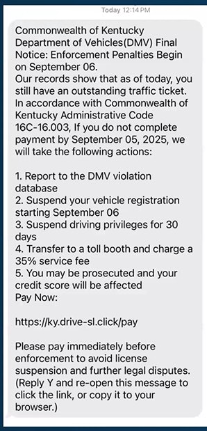 Likely you've seen an example of this one in your texts of late, projecting that urgency, authority and solicitation social-engineer-type scammers increasingly use to good (for them) effect. (And as you probably guessed, 'Kentucky Administrative Code 16C-16.003' doesn't exist, which a quick Google Search would tell you.)