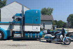 John Treadway's 'Teal Appeal' 1998 Peterbilt 379 is painted to be an exact match to his 2017 Harley-Davidson motorcycle, as shown here. Following his dream to make his vision of truck ownership come true, coupled with his dedication to customers and many other qualities, make him Overdrive's Trucker of the Month for September.