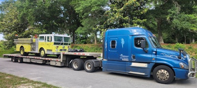 Another of owner-operator Wentzel's loads for Oberman was this vintage fire truck, not the only one moved for a buyer who restores 1960s-'80s vintage trucks for parades, said Wes. Delivery point: The buyer's house.