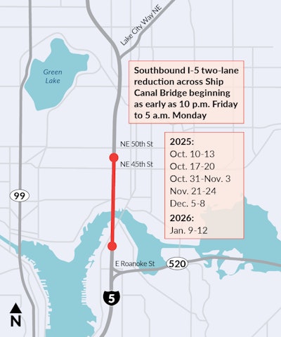 The Ship Canal Bridge along I-5 in Washington state will have lane restrictions during six weekends this fall and early winter.