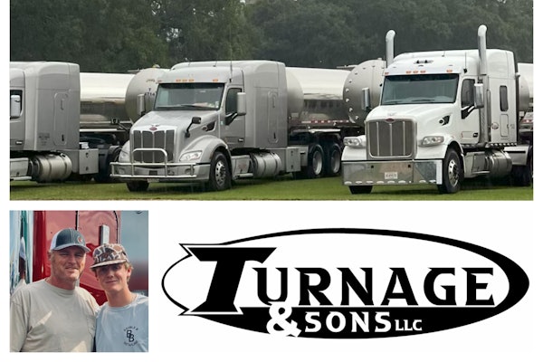 Milk tanker-hauling Turnage & Sons LLC operates 29 trucks out of Tylertown, Mississippi, moving organic milk from dairies in region out to Georgia, Texas, Florida and elsewhere. Pictured above, with some of the company's equipment and logo, is father-son duo Robbie (left) and Levi Turnage, representing fourth and fifth generations in milk.