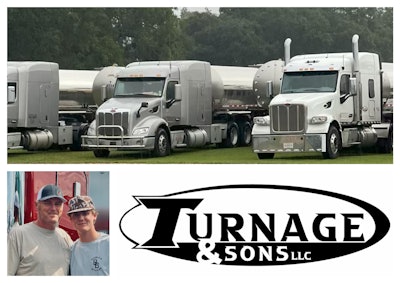 Milk tanker-hauling Turnage & Sons LLC operates 29 trucks out of Tylertown, Mississippi, moving organic milk from dairies in region out to Georgia, Texas, Florida and elsewhere. Pictured above, with some of the company's equipment and logo, is father-son duo Robbie (left) and Levi Turnage, representing fourth and fifth generations in milk.