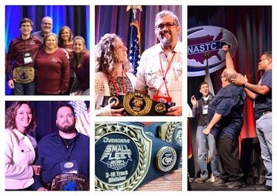 Namely, that's real-life stories of success in spite of adversity, with business brass tacks, novel approaches and best practices to get across the finish line profitably. Shown here are scenes from past finalist presentations at the NASTC conference dating back to 2021, when NASTC first hosted Overdrive as Small Fleet Champ sponsor. That first year, pictured top left, the team at Silver Creek Transportation took home the title. From there, clockwise, are 2024 3-10 truck winners Paul and Michelle Rissler of Paul Rissler Transportation, Butterfly Xpress' Bill Barhite and team celebrating onstage in 2023, and, finally, Chris and Lauren Porricelli of Sanford, Florida-based CAP Trucking after a big win in 2022.