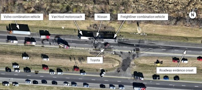 The aerial view of the crash scene shows where the vehicles involved in the crash came to rest.