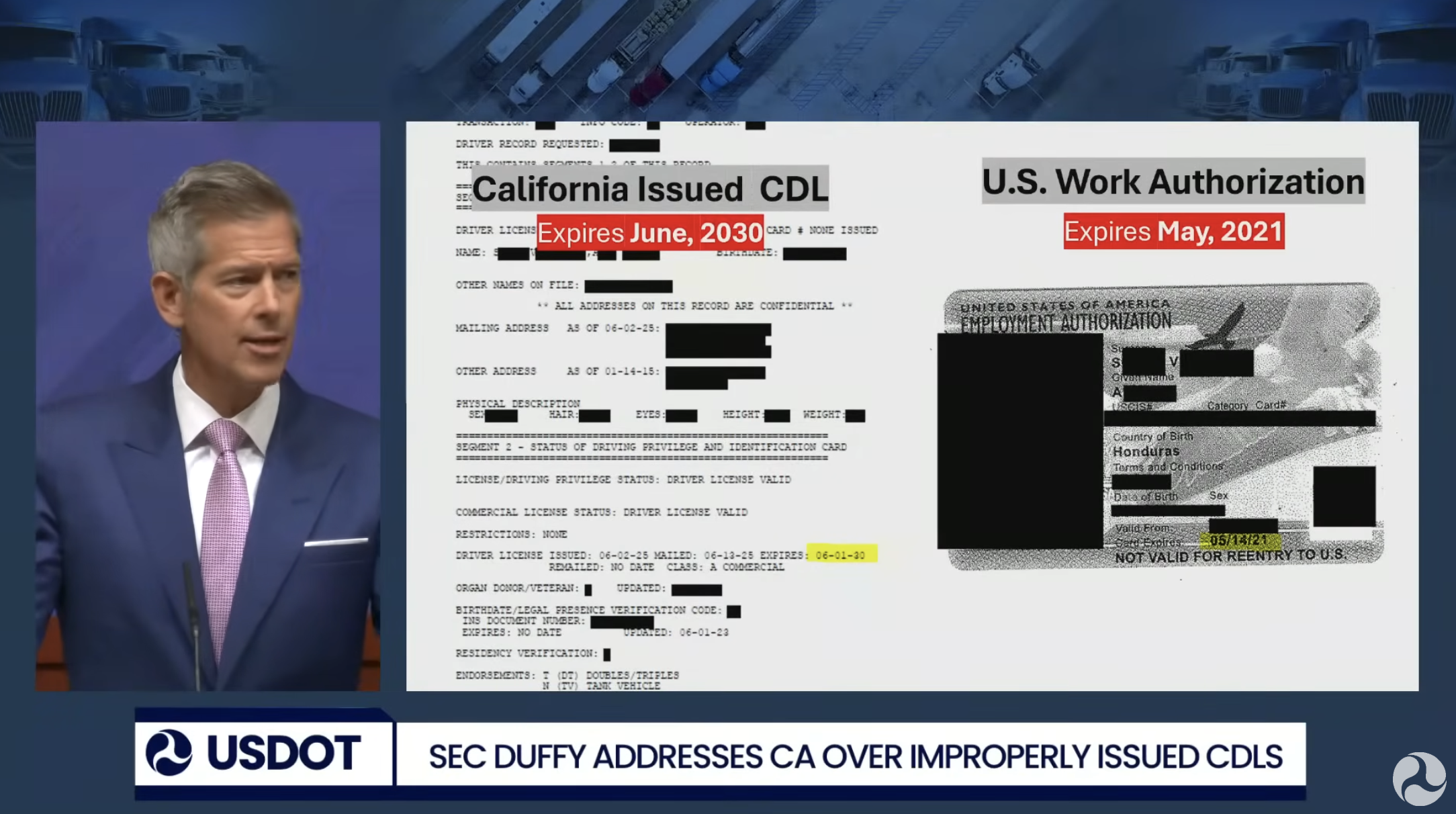 DOT Secretary Sean Duffy at a press conference in September showing a California-issued non-domiciled CDL that was issued four years after the expiration of an applicant's work authorization and valid until 2030.