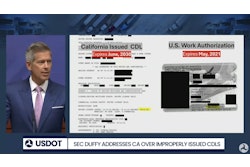 DOT Secretary Sean Duffy at a press conference in September showing a California-issued non-domiciled CDL that was issued four years after the expiration of an applicant's work authorization and valid until 2030.