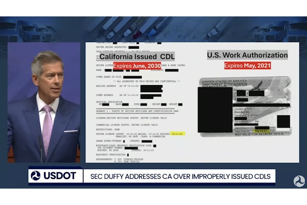 DOT Secretary Sean Duffy at a press conference in September showing a California-issued non-domiciled CDL that was issued four years after the expiration of an applicant's work authorization and valid until 2030.