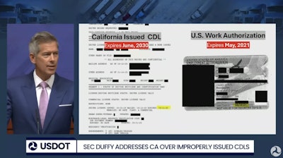 DOT Secretary Sean Duffy at a press conference in September showing a California-issued non-domiciled CDL that was issued four years after the expiration of an applicant's work authorization and valid until 2030.
