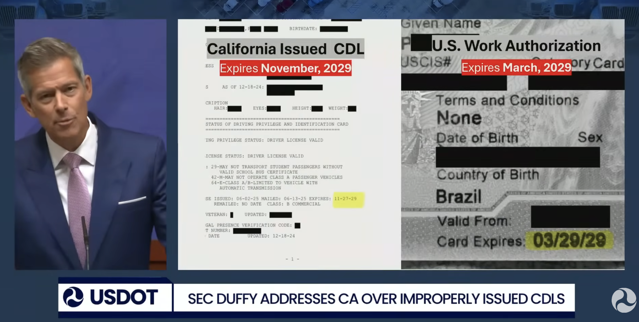 At a press conference in September, DOT Secretary Sean Duffy showed a California CDL that expires months after an applicant's legal work authorization in the country.