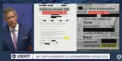 At a press conference in September, DOT Secretary Sean Duffy showed a California CDL that expires months after an applicant's legal work authorization in the country.