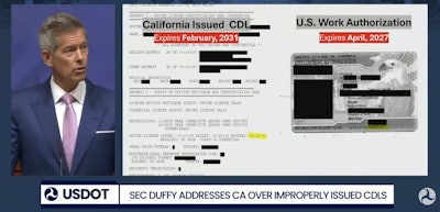Duffy showed an image of a CDL issued to a 'citizen of Mexico who is ineligible for a non-domiciled CDL. Mexican and Canadian citizens are not eligible for a U.S. CDL. California gave him one anyway with a doubles and triples endorsement that expires' long after his work authorization ends.