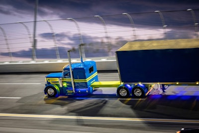 Don Wood's 'High Maintenance' 2003 Peterbilt 379, shown here taking a lap around EchoPark Speedway in Hampton, Georgia, was crowned one of the four 2025 National Champions at the Stars, Stripes and White Lines Truck Show.
