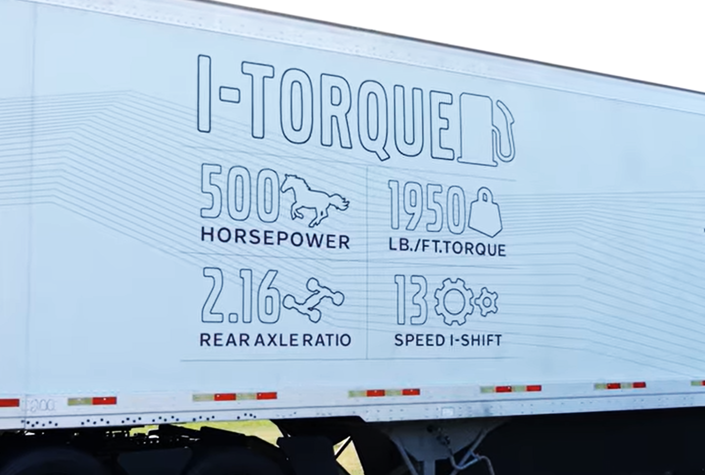Details on those specs? They're right here on the paired van trailer's side. It's Volvo's I-Torque spec for a D13TC (for 'Turbo Compound') engine equipped with a 500-hp/1,950 lb.-ft. rating, the automated-manual 13-speed I-Shift transmission, and that low axle ratio of 2.16.