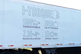 Details on those specs? They're right here on the paired van trailer's side. It's Volvo's I-Torque spec for a D13TC (for 'Turbo Compound') engine equipped with a 500-hp/1,950 lb.-ft. rating, the automated-manual 13-speed I-Shift transmission, and that low axle ratio of 2.16.