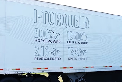 Details on those specs? They're right here on the paired van trailer's side. It's Volvo's I-Torque spec for a D13TC (for 'Turbo Compound') engine equipped with a 500-hp/1,950 lb.-ft. rating, the automated-manual 13-speed I-Shift transmission, and that low axle ratio of 2.16.