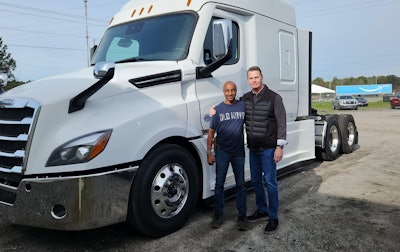 Roger Burdgette, meanwhile (pictured, right, with one of his drivers), is headquartered near the Savannah ports in Georgia as CEO of Podium Logistics. He's built the fleet to now 50 trucks, serving the port but also flatbed needs of customers in the area.