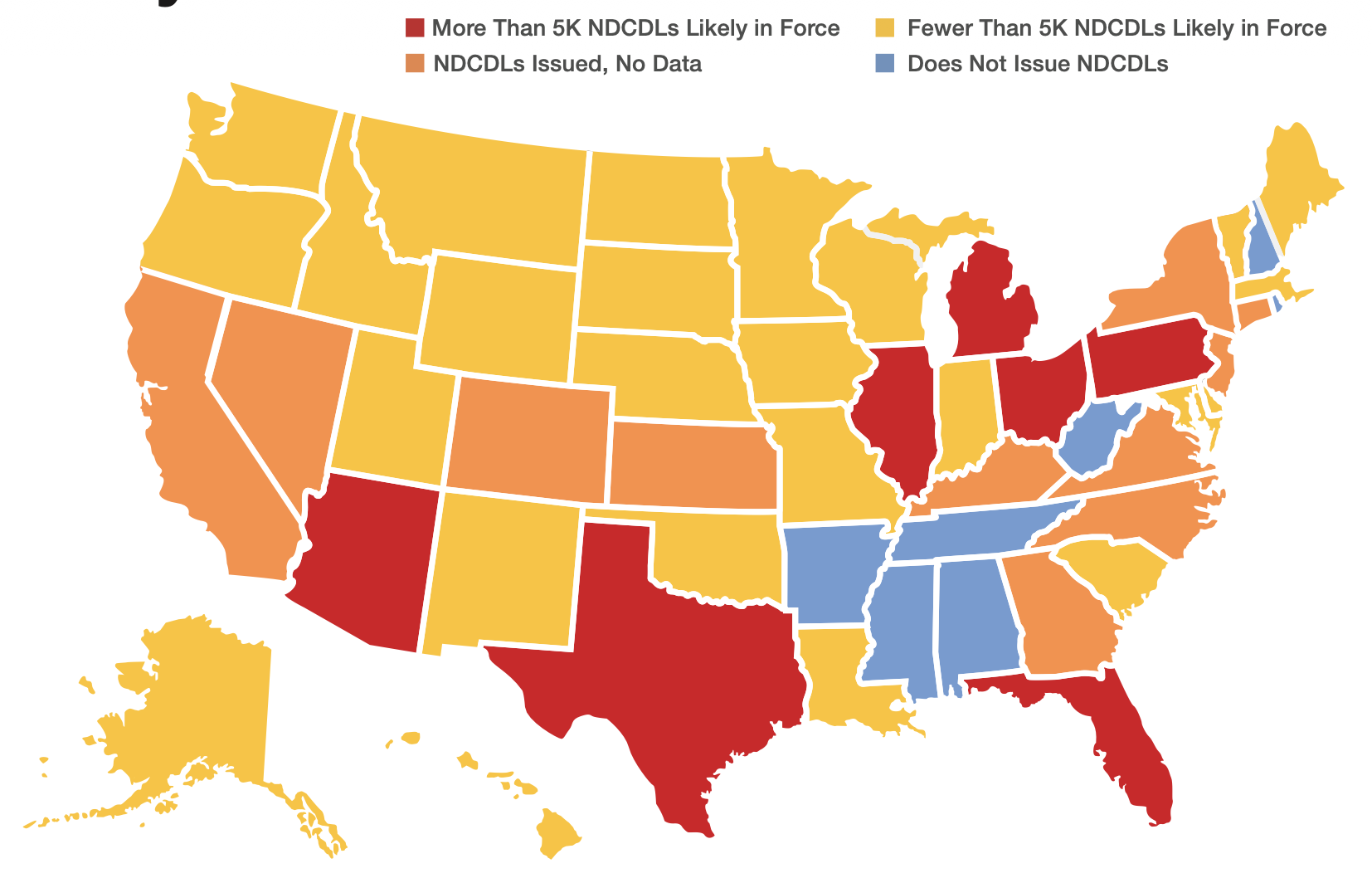 This graphic from Overdrive's July examination of non-domiciled CDL issuance in all 50 states flags in red the states with more than 5,000 active non-domiciled CDLs.