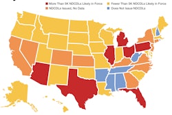 This graphic from Overdrive's July examination of non-domiciled CDL issuance in all 50 states flags in red the states with more than 5,000 active non-domiciled CDLs.