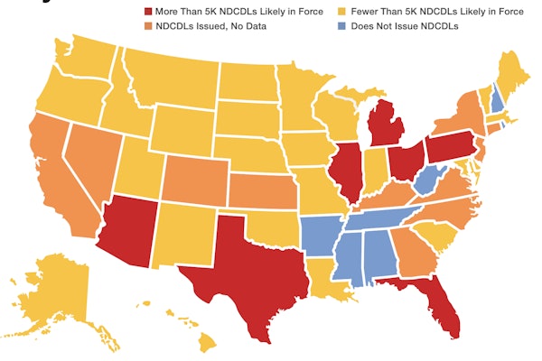This graphic from Overdrive's July examination of non-domiciled CDL issuance in all 50 states flags in red the states with more than 5,000 active non-domiciled CDLs.
